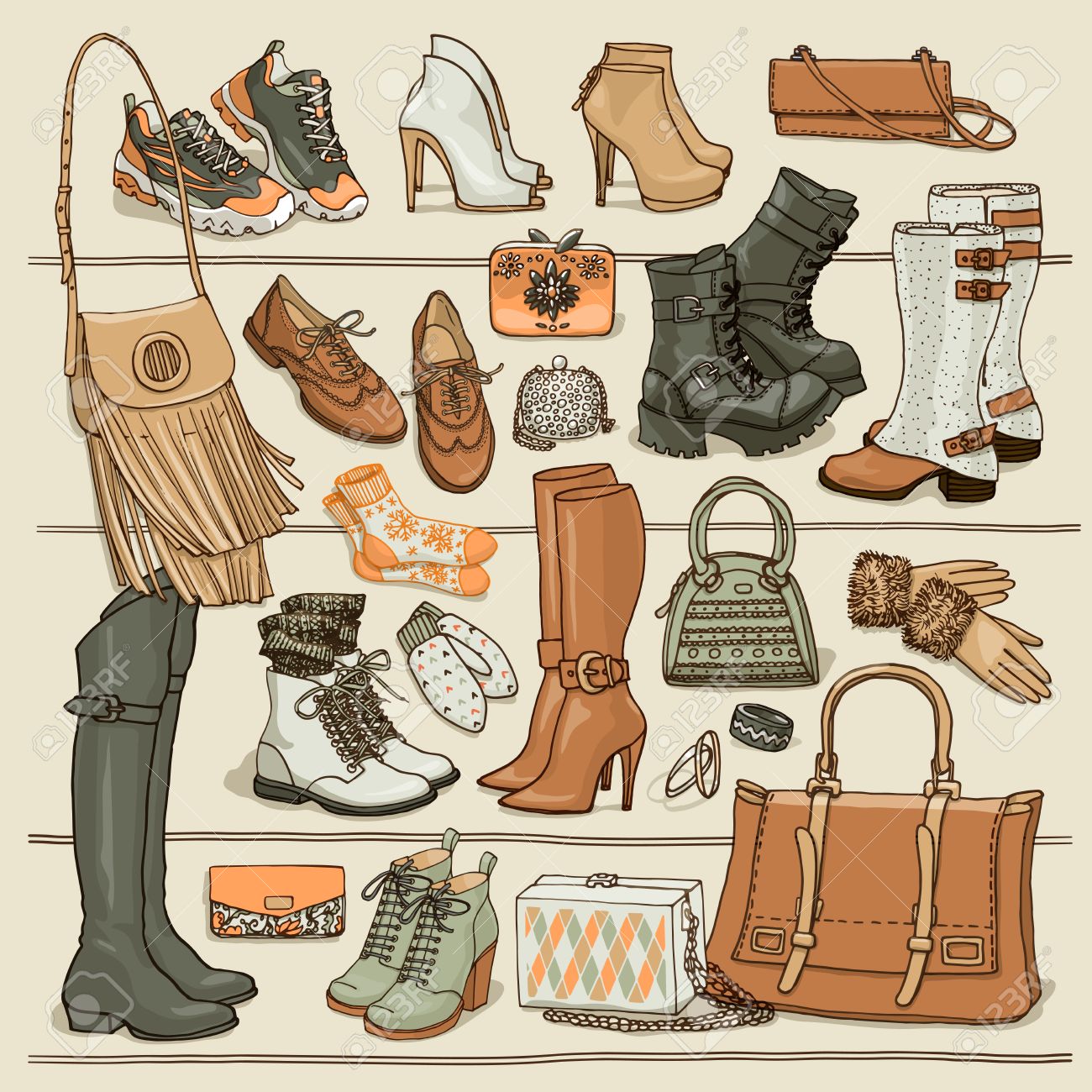 手描きの背景女性ファッション小物のイラスト 棚の上の靴やバッグの側面図です 秋と冬の靴 ブーツ バッグのセット ファッション コレクション スケッチ のイラスト素材 ベクタ Image