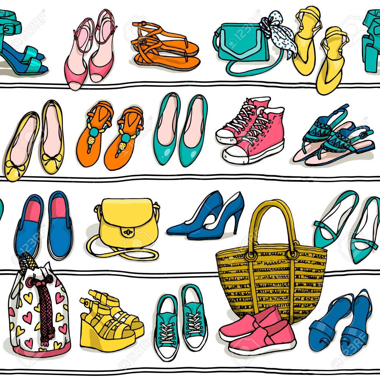 手は 白い背景で靴バッグや女性のファッション アクセサリーのシームレスなパターンをベクトルを描画します 棚の上の靴 バッグ メガネの横から見た図 の イラスト素材 ベクタ Image