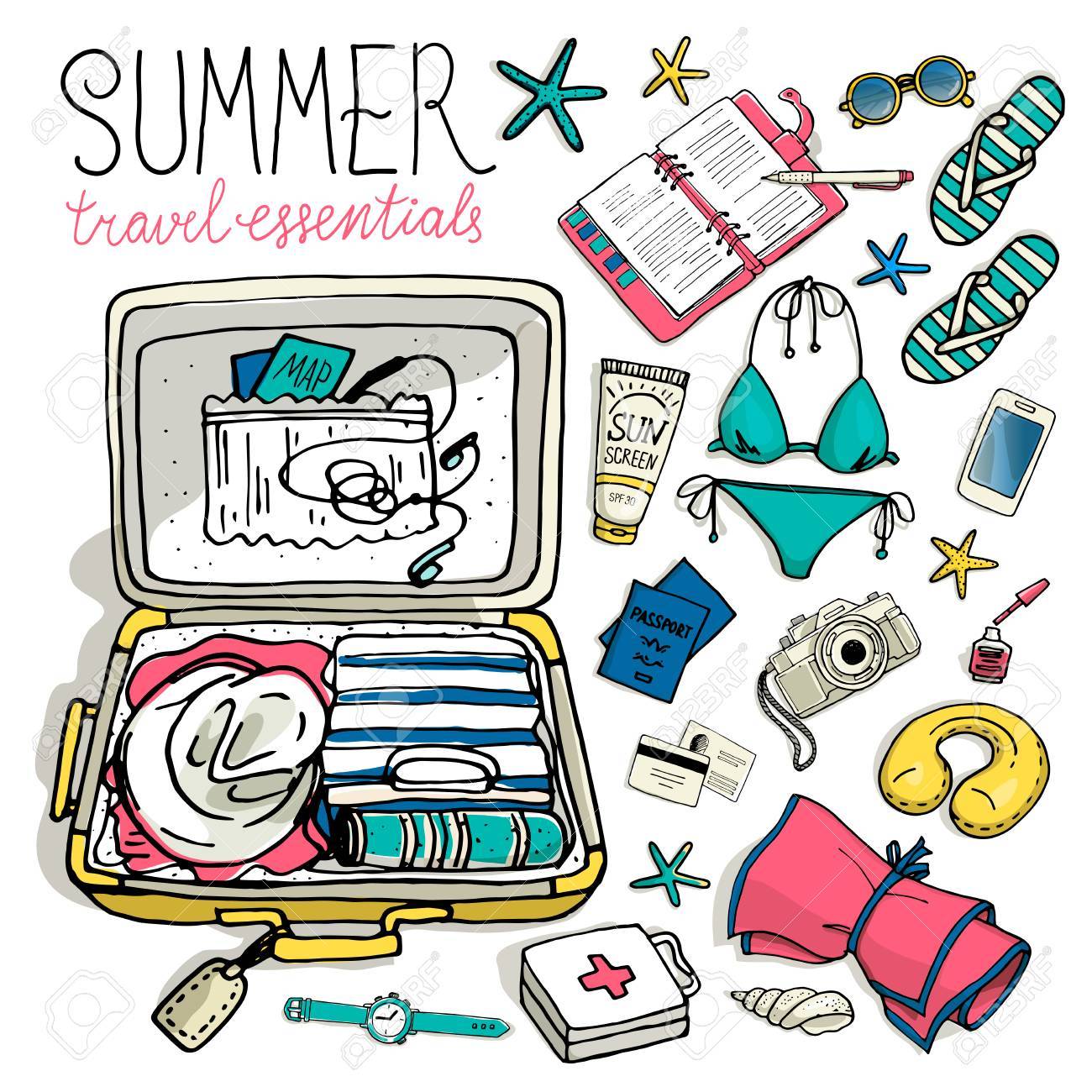 夏旅行の必需品 休日休暇女性荷物のベクター イラストです ベクトルは オブジェクトのスケッチを手溺れます 黒と白 のイラスト素材 ベクタ Image