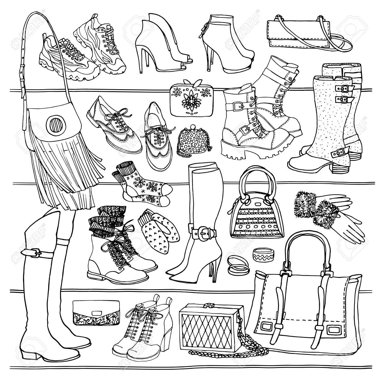 靴バッグ 女性のファッションのアクセサリーの手描画ベクトル シームレス パターン 靴 バッグ 棚の上のガラス の側駅間 印刷 Web ファブリックに使用できます 黒と白の落書きイラスト のイラスト素材 ベクタ Image 靴バッグ 女性のファッションのアクセサリーの手描画ベクトル シームレス パターン 靴 バッグ 棚の上のガラス の側駅間 印刷 Web ファブリックに使用できます 黒と白の落書きイラスト のイラスト素材 ベクタ Image