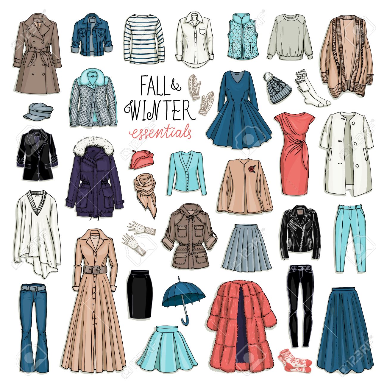 Vector illustration of female fall and winter fashion collection of clothes. Hand-drown objects sketch isolated on white background - 51444725 Vector illustration of female fall and winter fashion collection of clothes. Hand-drown objects sketch isolated on white background - 51444725