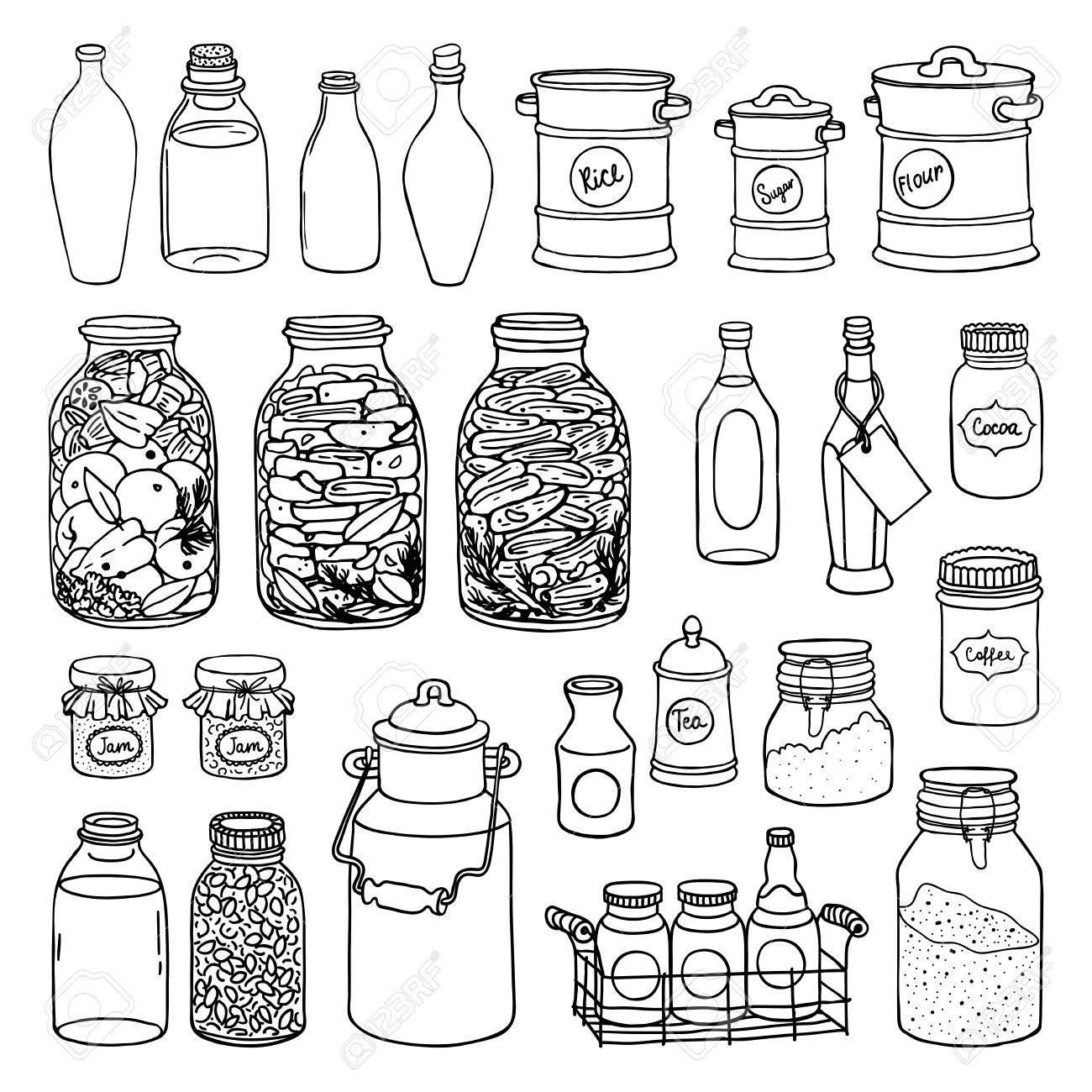 さまざまな形状の瓶やボトルの手描きイラスト セット 缶詰の白と黒のスケッチ のイラスト素材 ベクタ Image