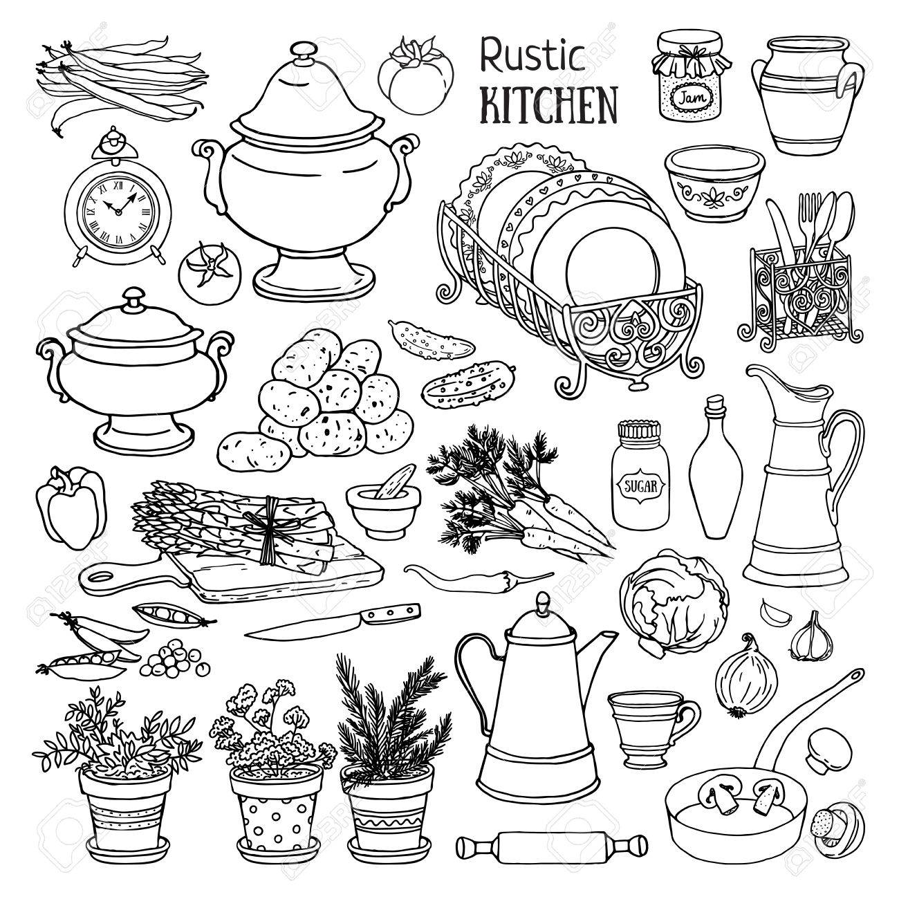 素朴なキッチンの手描きのセットです 料理 白い背景で隔離のテーブルの上の野菜の黒と白のスケッチ 自家製料理の落書きイラスト のイラスト素材 ベクタ Image