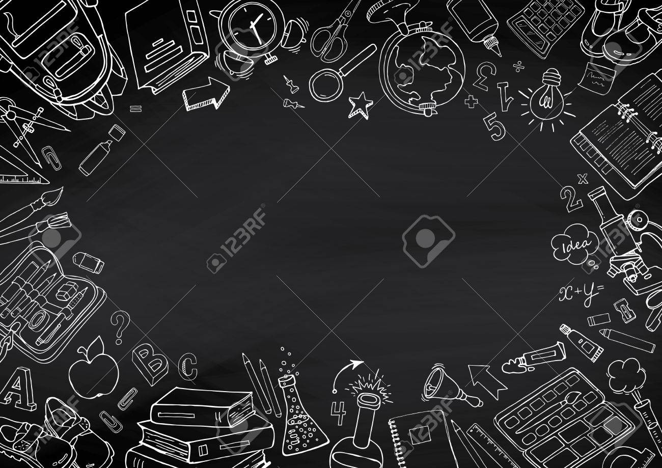 Retour A L Ecole Griffonnages Tableau Noir Fond Education Sommaire Avec Des Fournitures Scolaires Clip Art Libres De Droits Vecteurs Et Illustration Image