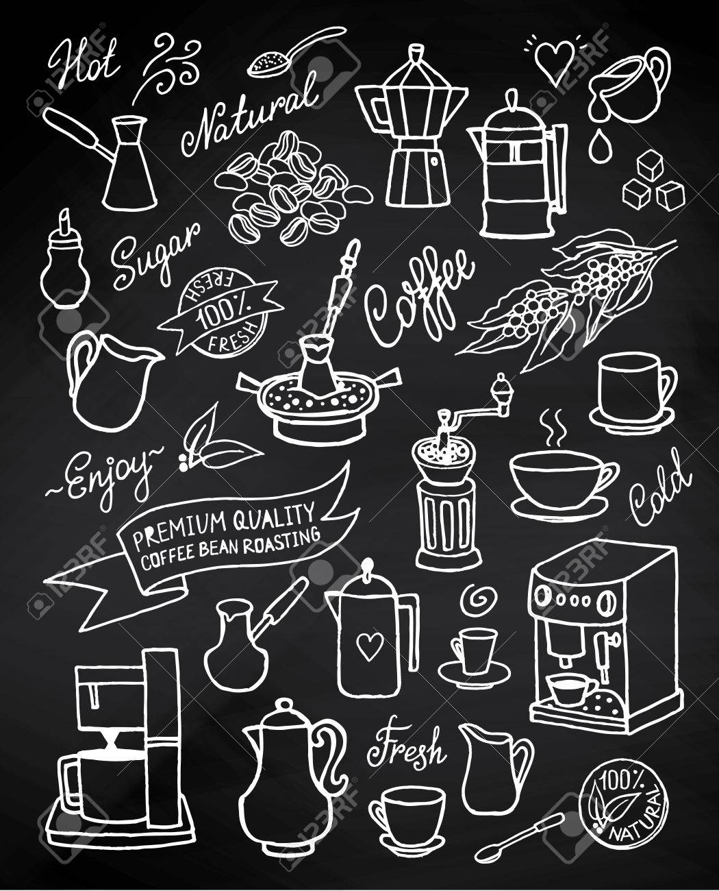 手描きの背景は コーヒー 食材 料理 コーヒー メーカーが黒板上のデバイスを設定します デザイン カフェのメニューのパンフレット チラシに使用することができます のイラスト素材 ベクタ Image