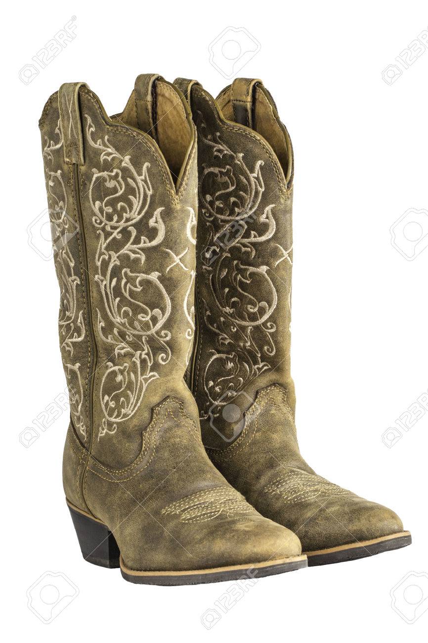 茶色の女性 Coyboy ウエスタン ブーツ、白で隔離のペア。 の写真素材
