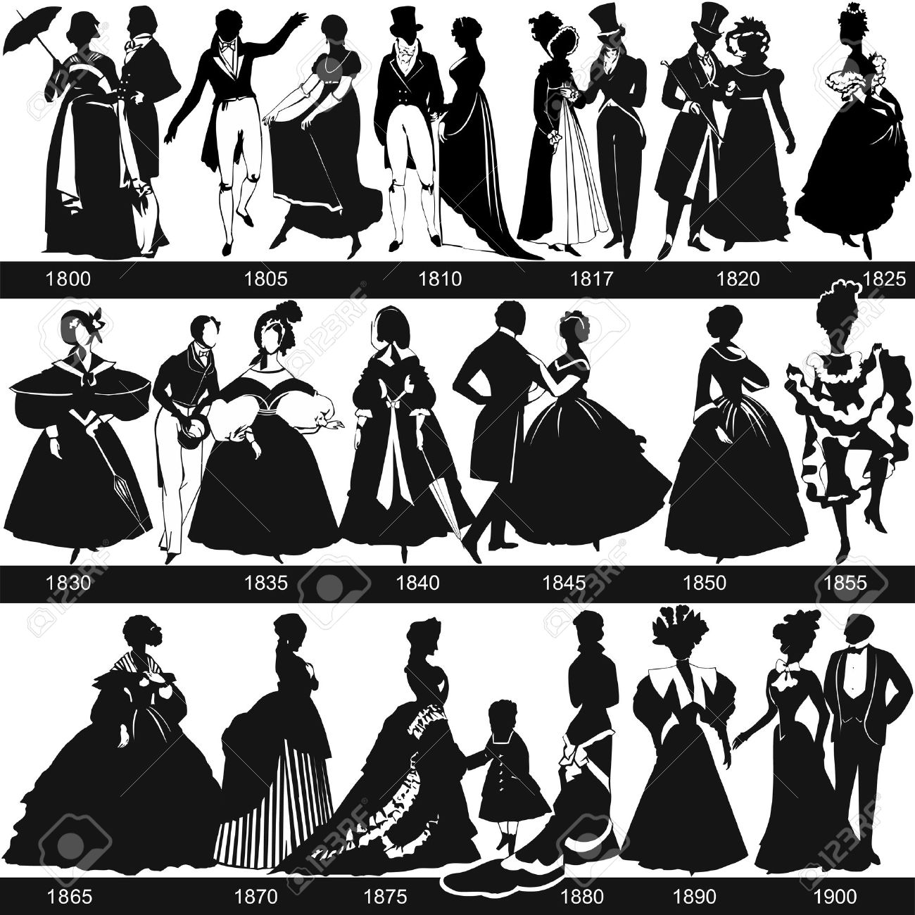Black and white 1800-1900 fashion silhouettes are dancing and walking, vector, illustration