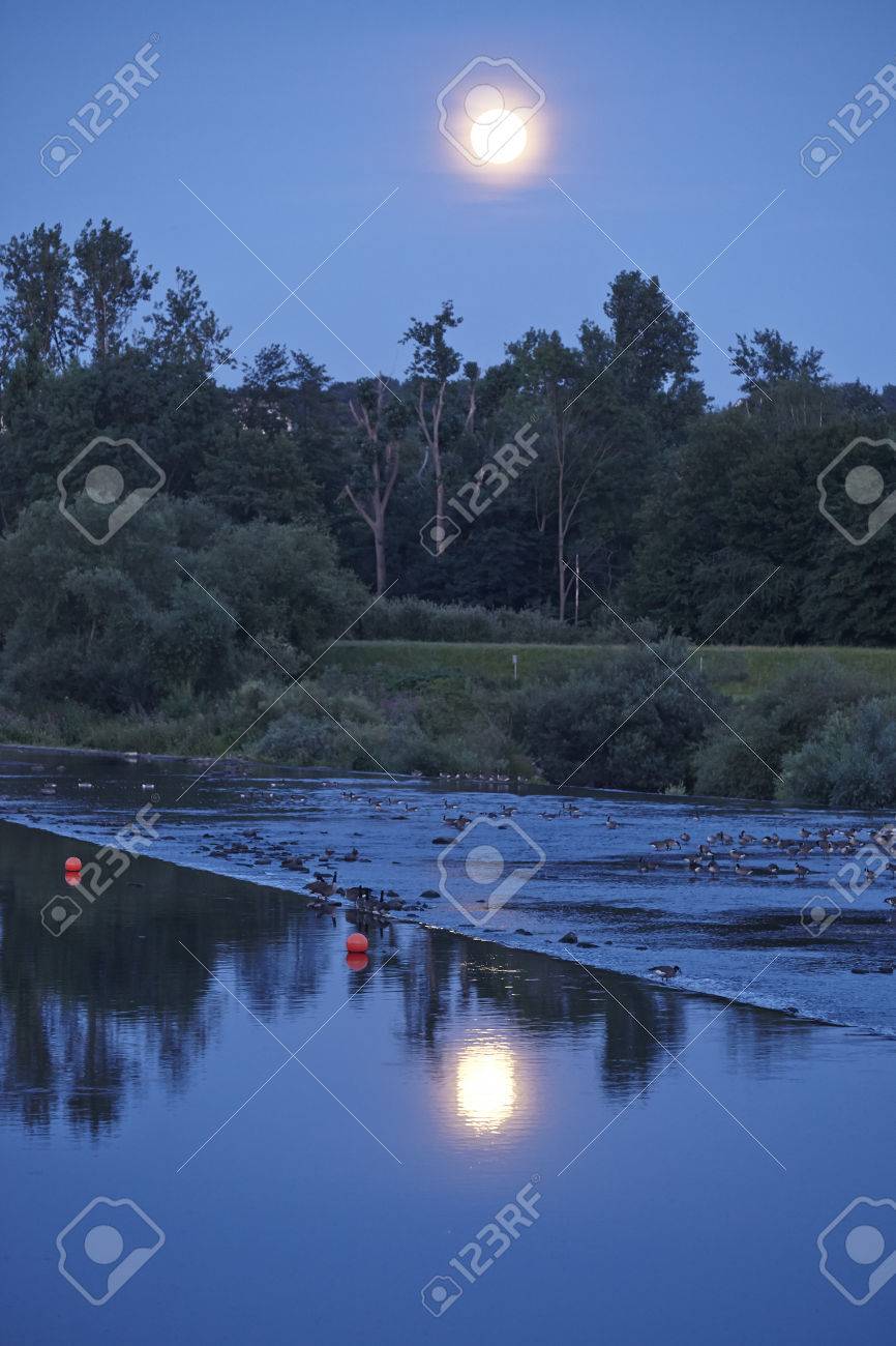 The Moonrise Over The River Ruhr Near Essen Kray Germany Northrhine Stock Photo Picture And Royalty Free Image Image 44754566