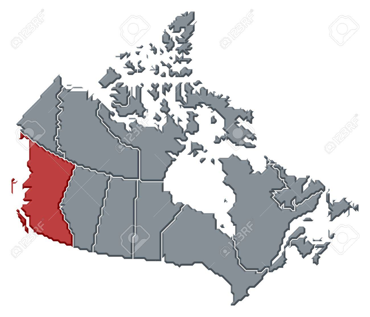political map of canada with the several provinces where british columbia is highlighted stock photo