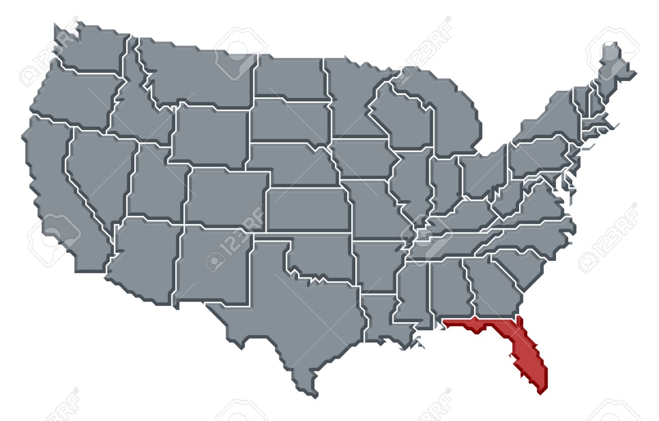 political map of united states with the several states where florida is highlighted stock photo