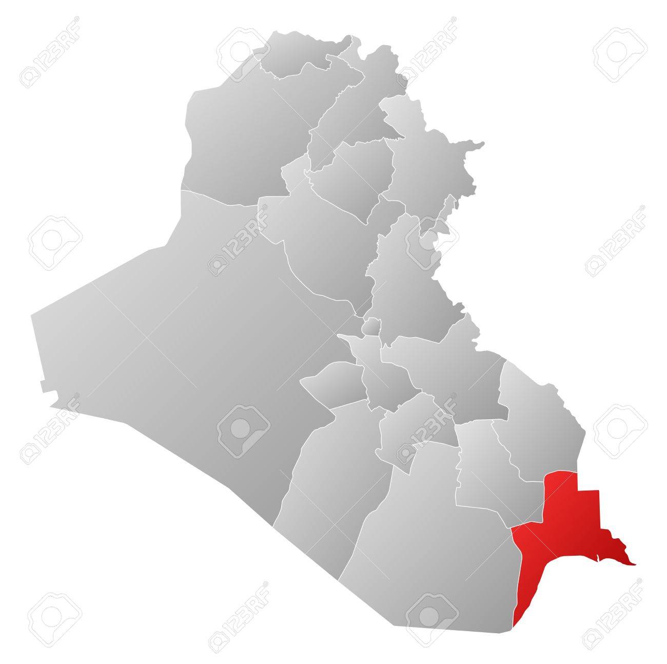 political map of iraq with the several governorates where basra is highlighted stock vector