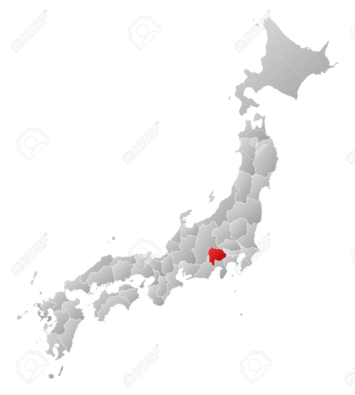 線形グラデーション 山梨で塗りつぶされた地方と日本の地図が強調表示されます のイラスト素材 ベクタ Image