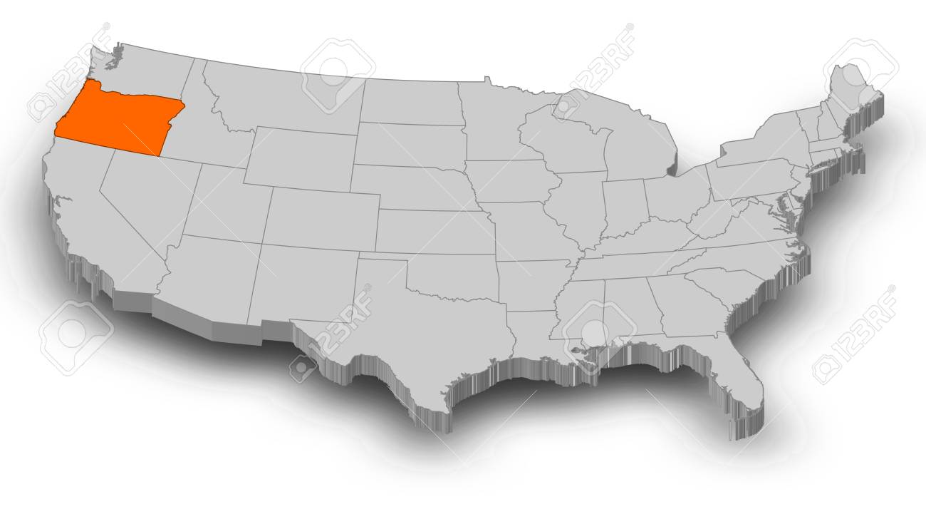 Oregon In The Us Map Map Of United States As A Gray Piece, Oregon Is Highlighted In Orange.  Stock Photo, Picture And Royalty Free Image. Image 65423335.