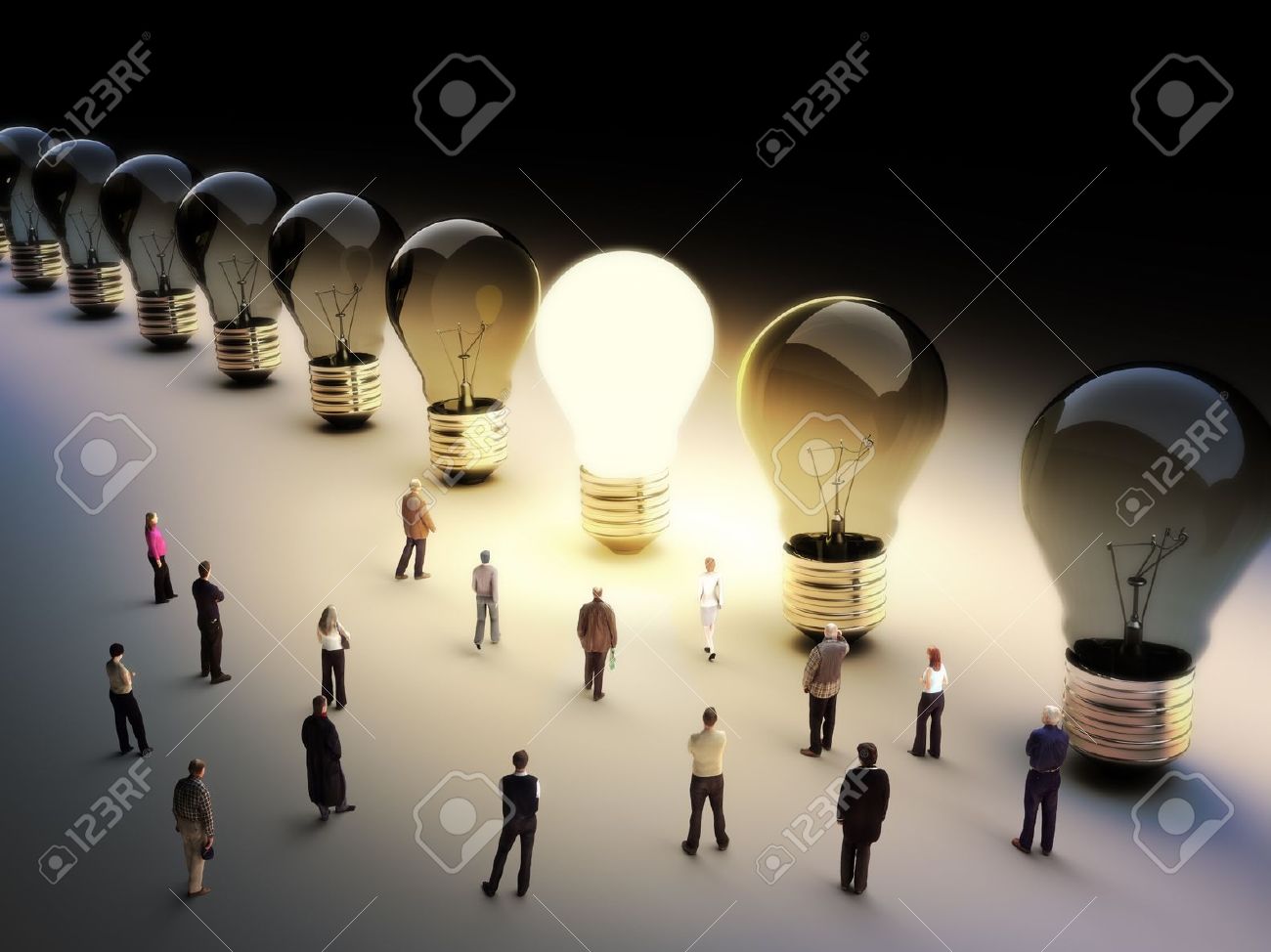 Light bulbs in a row with one being on, large group of people with a few moving to the light.Leading the pack, ingenuity,taking the initiative,standing out from the crowd concept. - 17724067 Light bulbs in a row with one being on, large group of people with a few moving to the light.Leading the pack, ingenuity,taking the initiative,standing out from the crowd concept. - 17724067