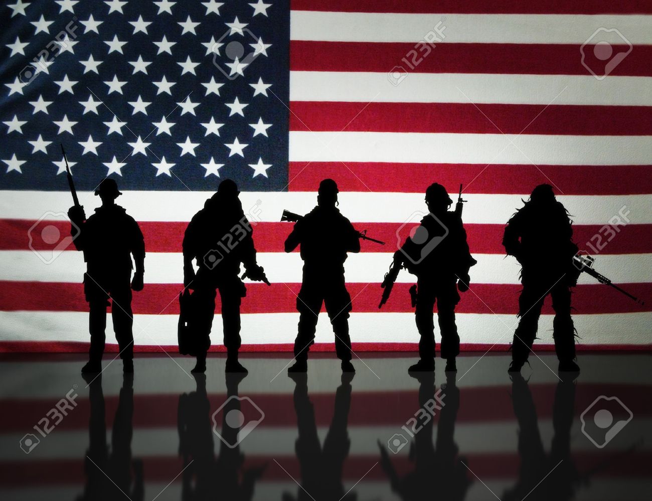 american military special forces silhouette s posing infront stock