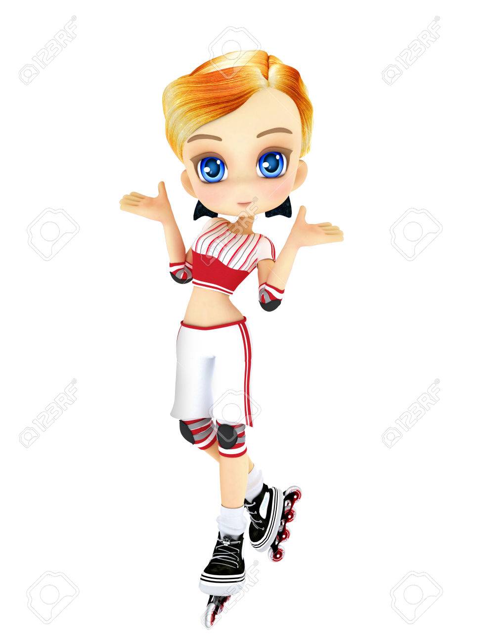 スケートは 白い背景にポーズを持つかわいい女性漫画 の写真素材 画像素材 Image