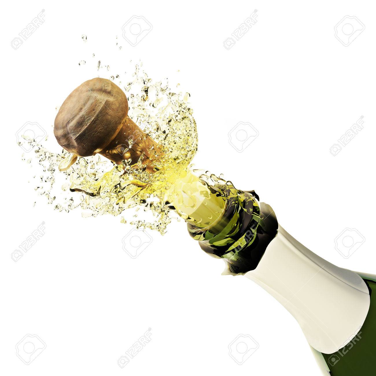 Champagne Bottle Popping On A White Background Stock Photo