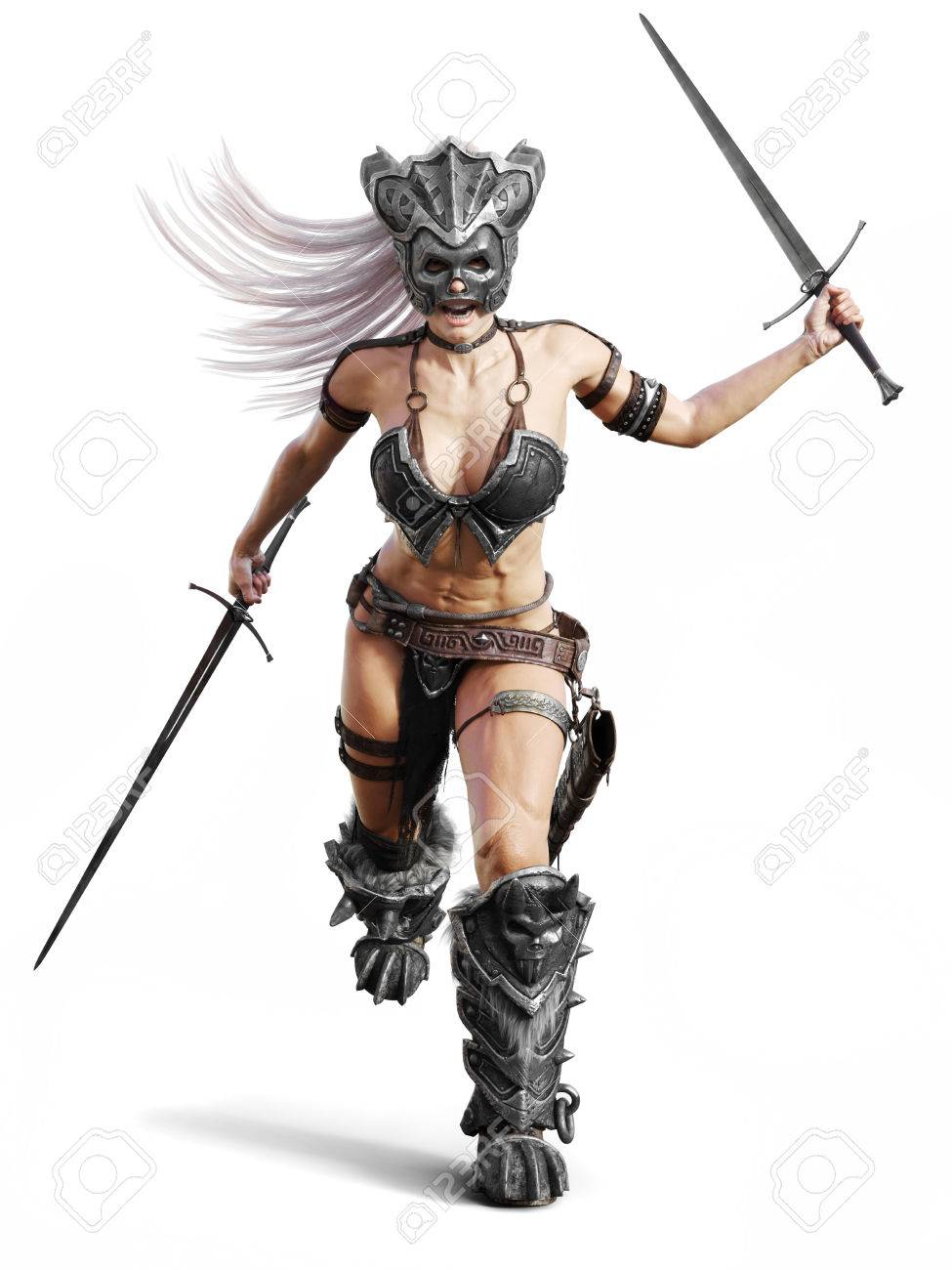 fierce armed female barbarian warrior running into battle on stock