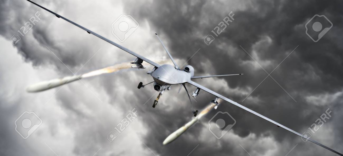 Drone Strike .Front View Of An Unmanned Aerial Vehicle (UAV) Military Drone  Firing Missile Rockets At A Target . 3d Rendering Фотография, картинки,  изображения и сток-фотография без роялти. Image 109199877