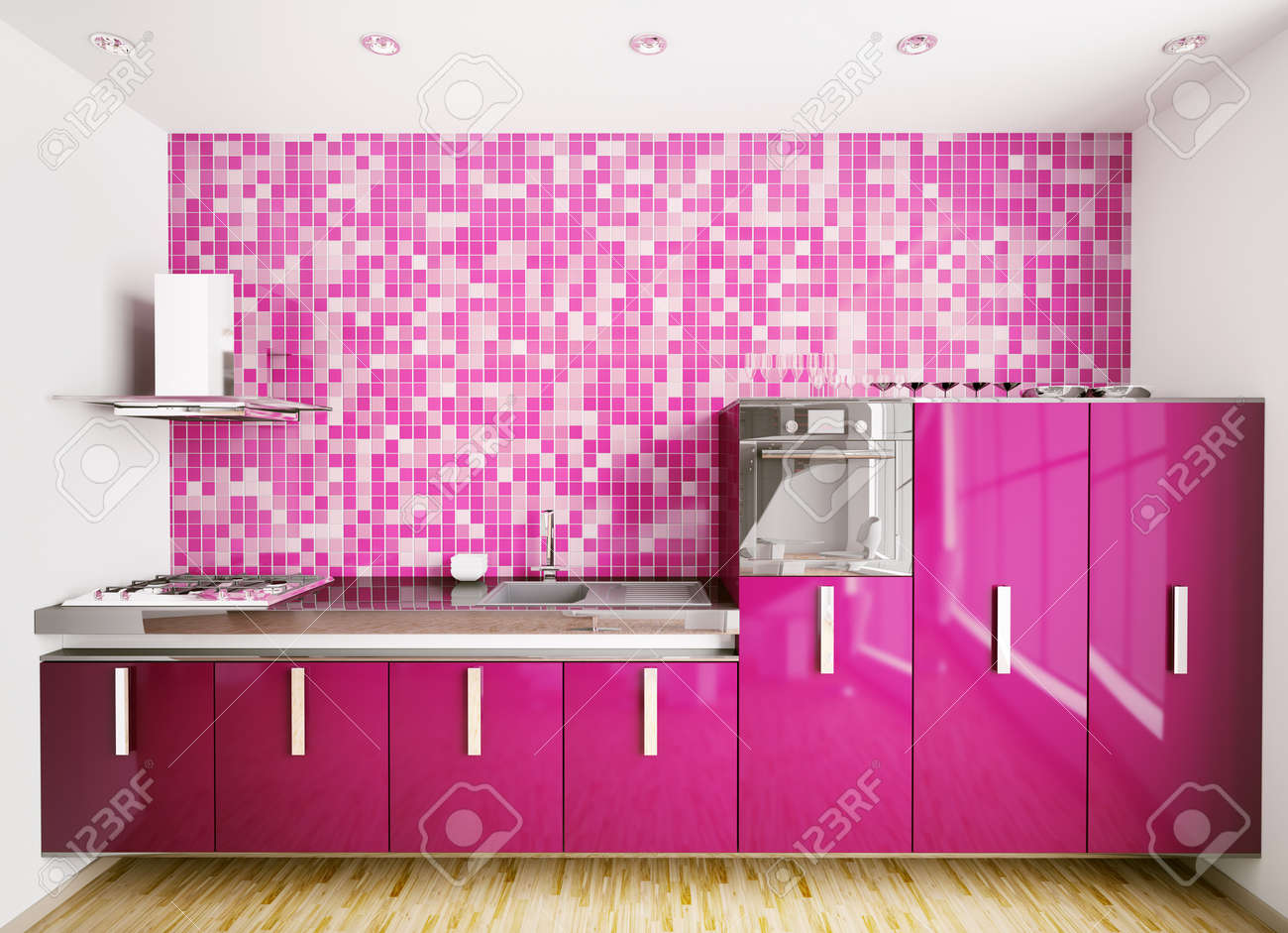 interior of modern purple kitchen over mosaic wall 3d render stock interior of modern purple kitchen over mosaic wall 3d render stock