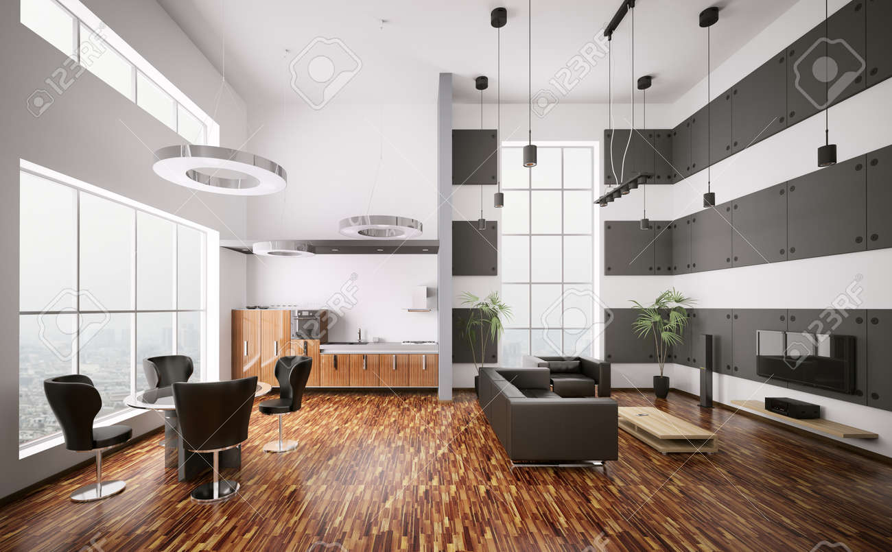 Interior Of Modern Apartment Living Room Kitchen 3d Render Stock ... Interior of modern apartment living room kitchen 3d render Stock Photo -  7991057