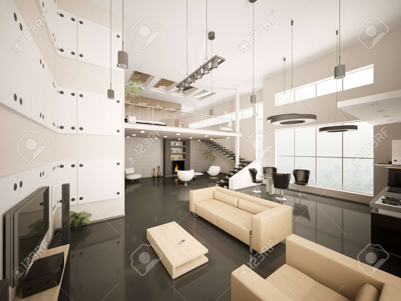 interior of modern apartment living room kitchen 3d render stock interior of modern apartment living room kitchen 3d render stock