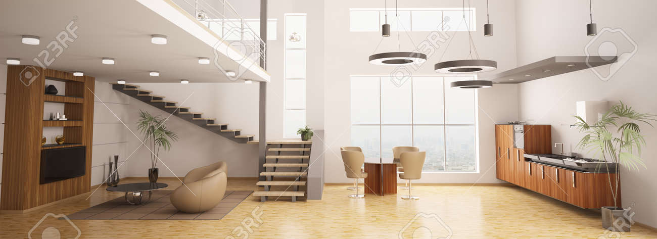 Moderne Interieur Der Wohnung Panorama Wohnzimmer Küche 3d Render ... Moderne Interieur Der Wohnung Panorama Wohnzimmer Küche 3d Render ...