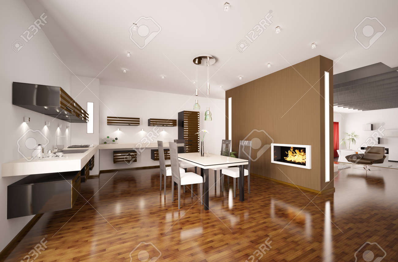 interior of modern brown kitchen with fireplace 3d render stock interior of modern brown kitchen with fireplace 3d render stock