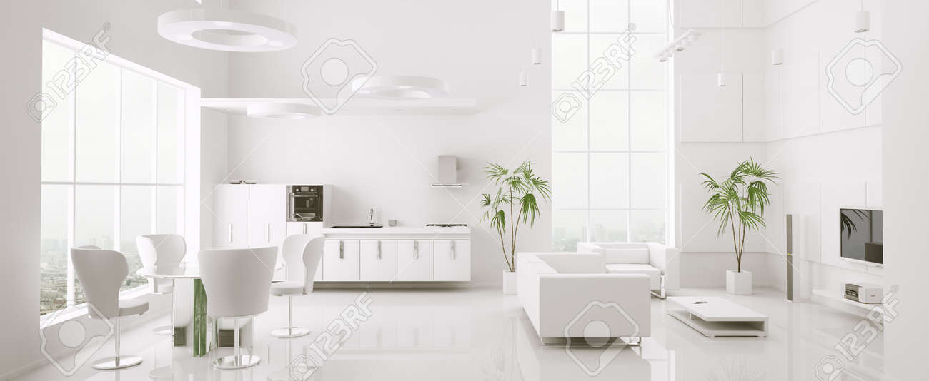 Interieur van moderne witte appartement woonkamer keuken 3d render ... Interieur white woonkamer