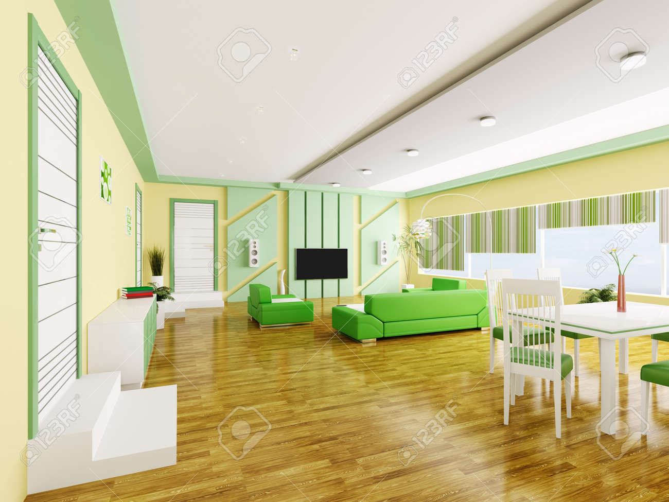 interior of modern yellow green apartment 3d render stock photo interior of modern yellow green apartment 3d render stock photo
