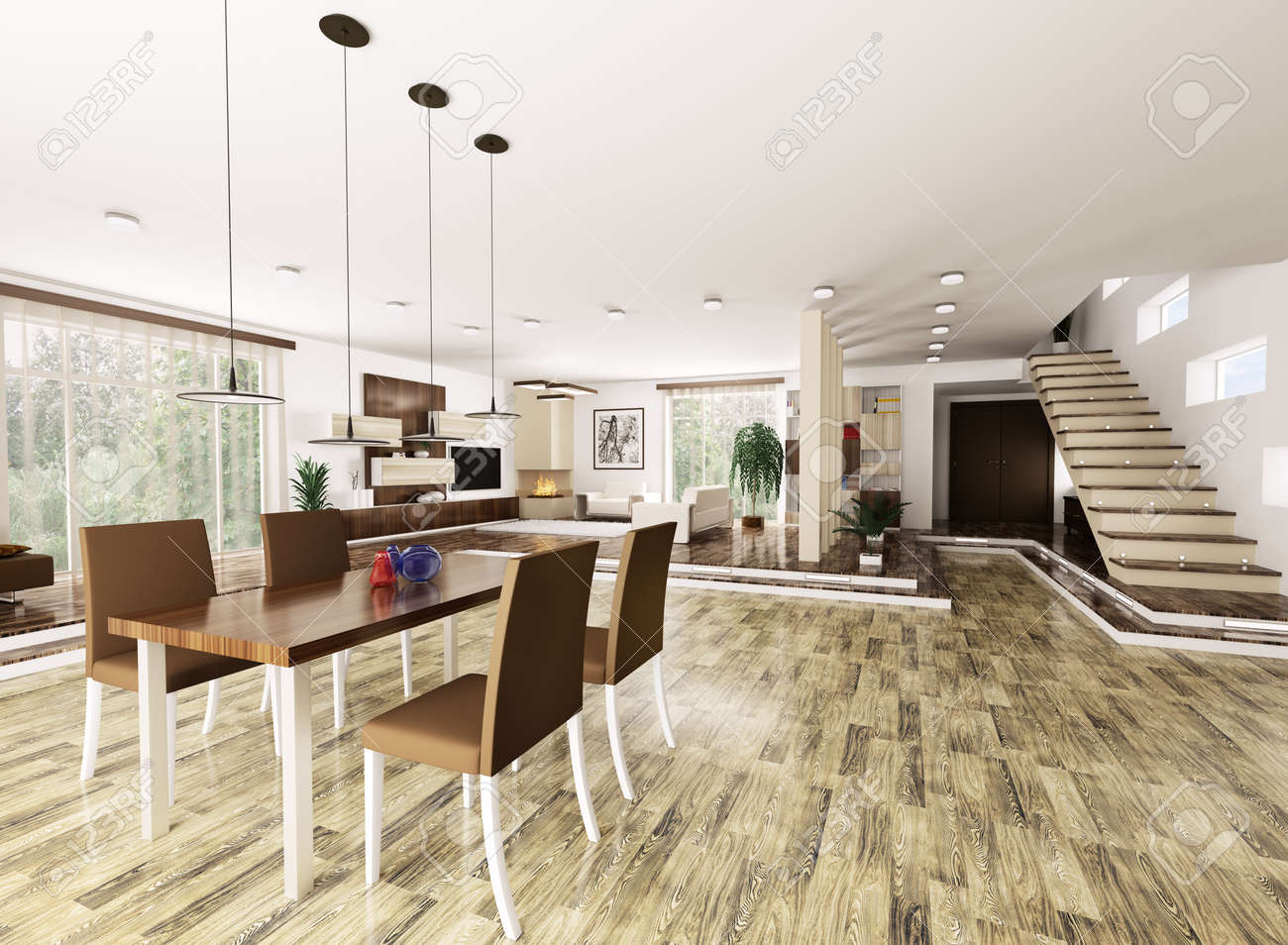 interior of modern apartment living room hall 3d render stock photo