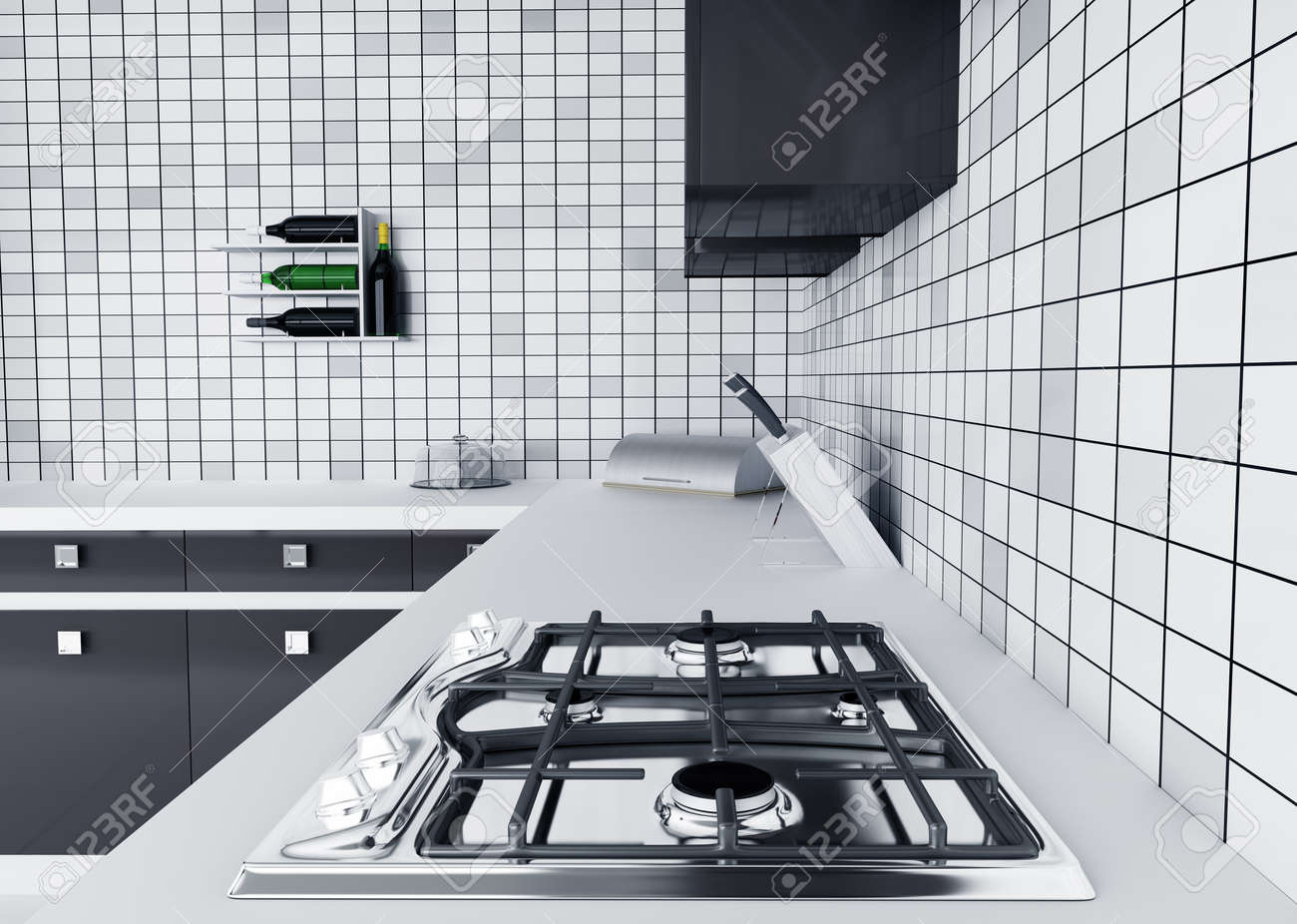 Modern Kitchen Stove modern kitchen worktop with gas stove interior 3d render stock Modern Kitchen Stove modern kitchen worktop with gas stove interior 3d render stock