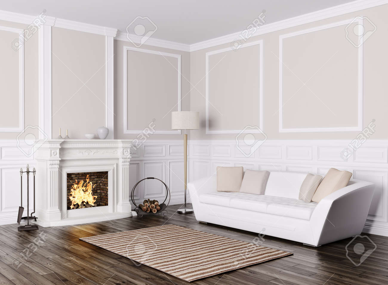classic interior design of living room with white sofa and fireplace
