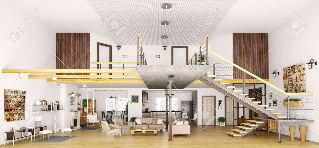 Loft moderno entre en corte, sala de estar, sala, cocina, comedor ... Sala con cocina y comedor