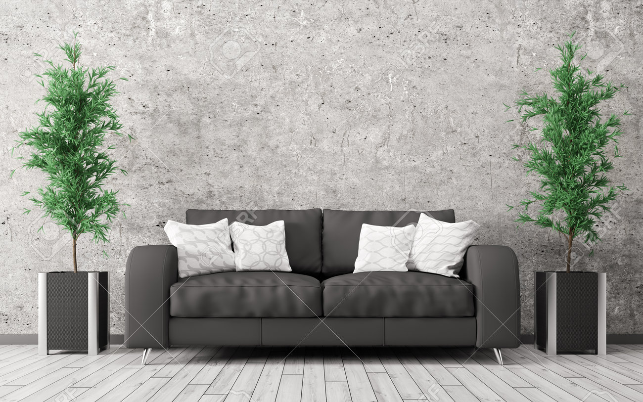 黒いソファとコンクリートの壁 3 D レンダリングの植物部屋のモダンなインテリア の写真素材 画像素材 Image