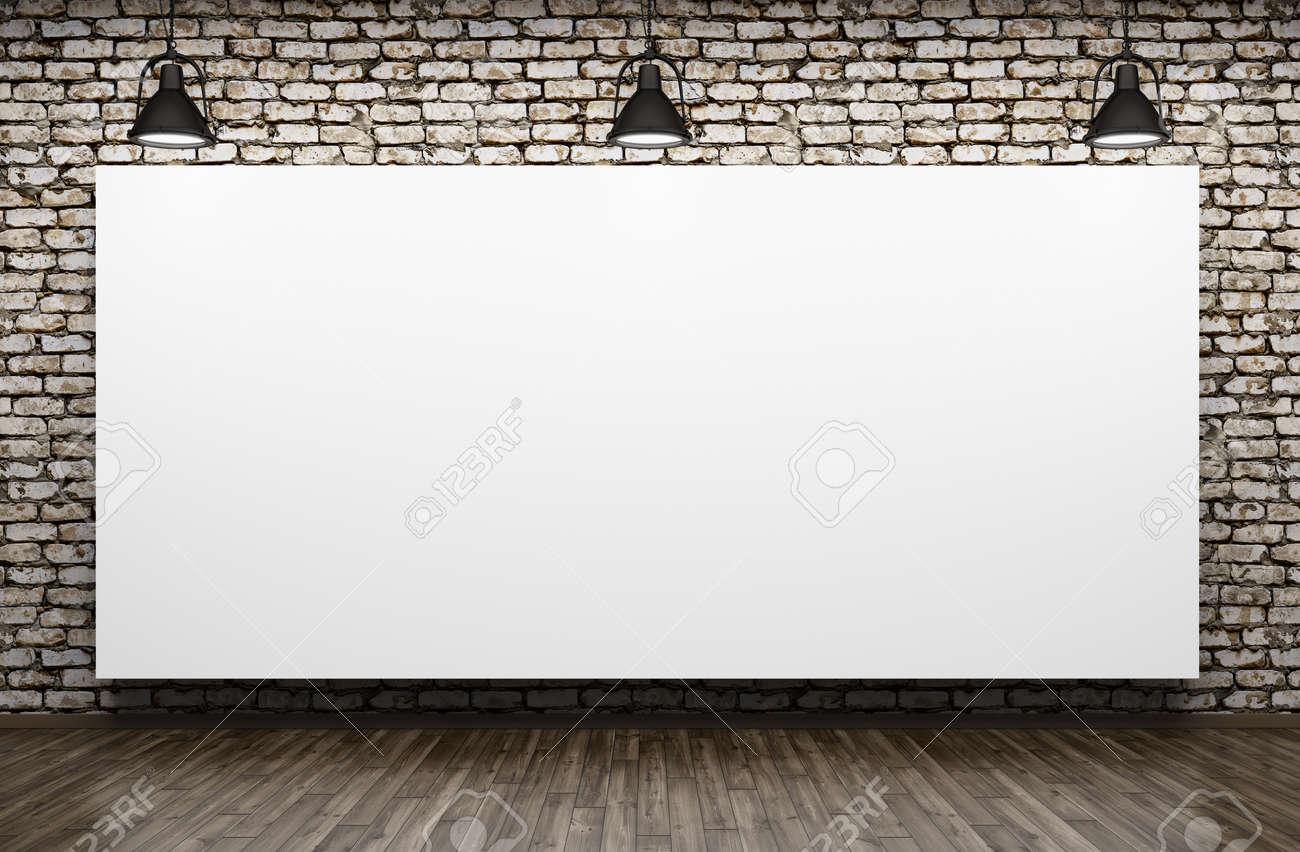 Tres Lamparas Y Cartel En Sitio Con La Pared De Ladrillo Entre El