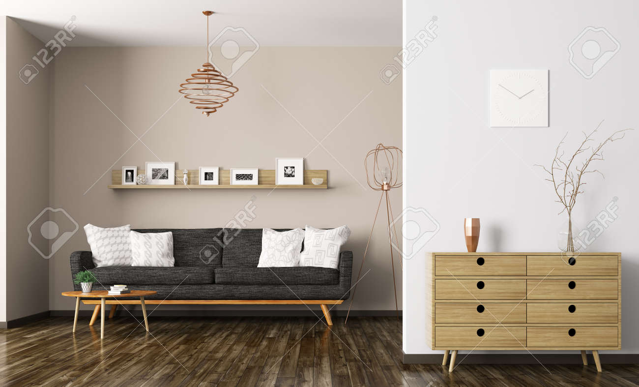 Intérieur Moderne De Salon Avec Canapé Noir Et Commode De Rendu 3D ... Intérieur Moderne De Salon Avec Canapé Noir Et Commode De Rendu 3D ...