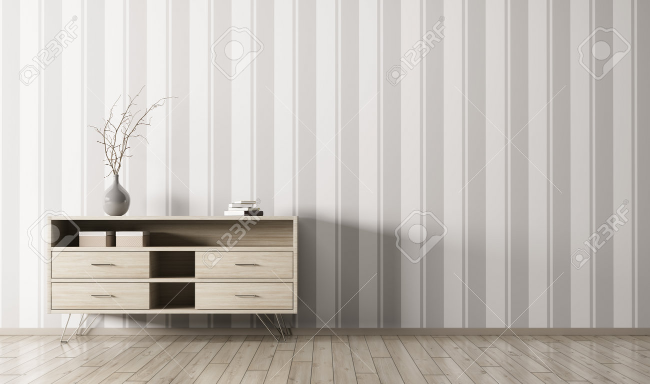 Modern interior of living room with wooden chest of drawers over striped wallpaper wall 3d rendering - 65049452 Modern interior of living room with wooden chest of drawers over striped wallpaper wall 3d rendering - 65049452