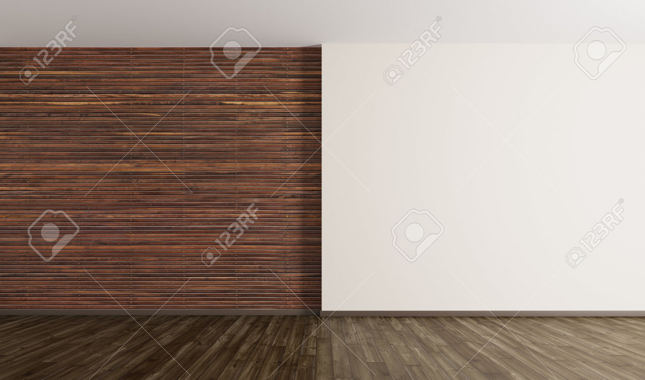Empty Interior Background Room With Brown Wood Paneling Wall