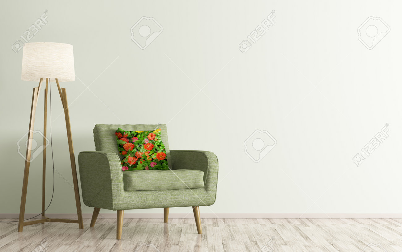 Moderne Wohnzimmer Interieur Mit Grünen Sessel Und Stehlampe 3D ... Moderne Wohnzimmer Interieur Mit Grünen Sessel Und Stehlampe 3D ...