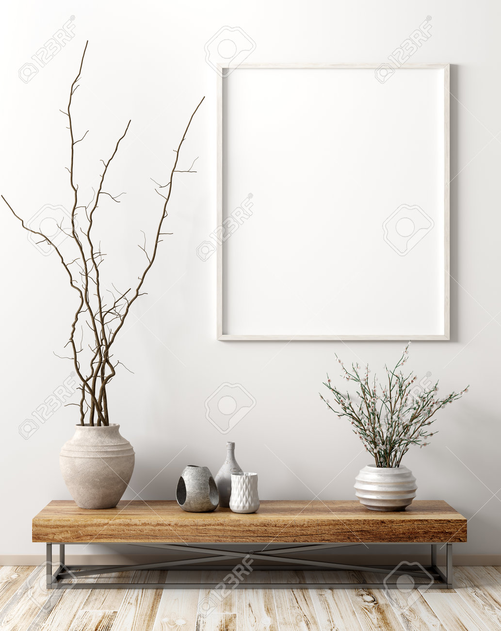 Modern Interior Of Living Room With Wooden Side Table With Vase Stock Photo Picture And Royalty Free Image Image 130392594