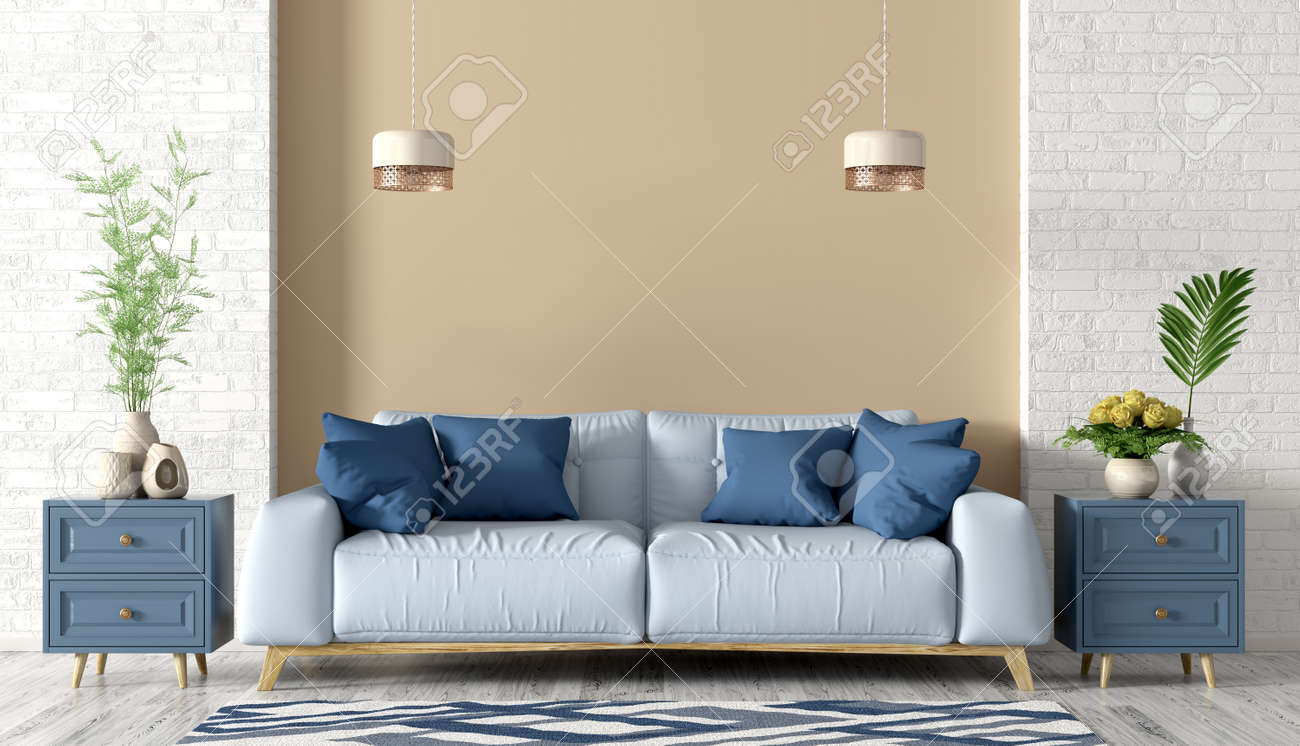 Modern Interior Of Living Room With Light Blue Sofa Cabinets Stock Photo Picture And Royalty Free Image Image 130392655