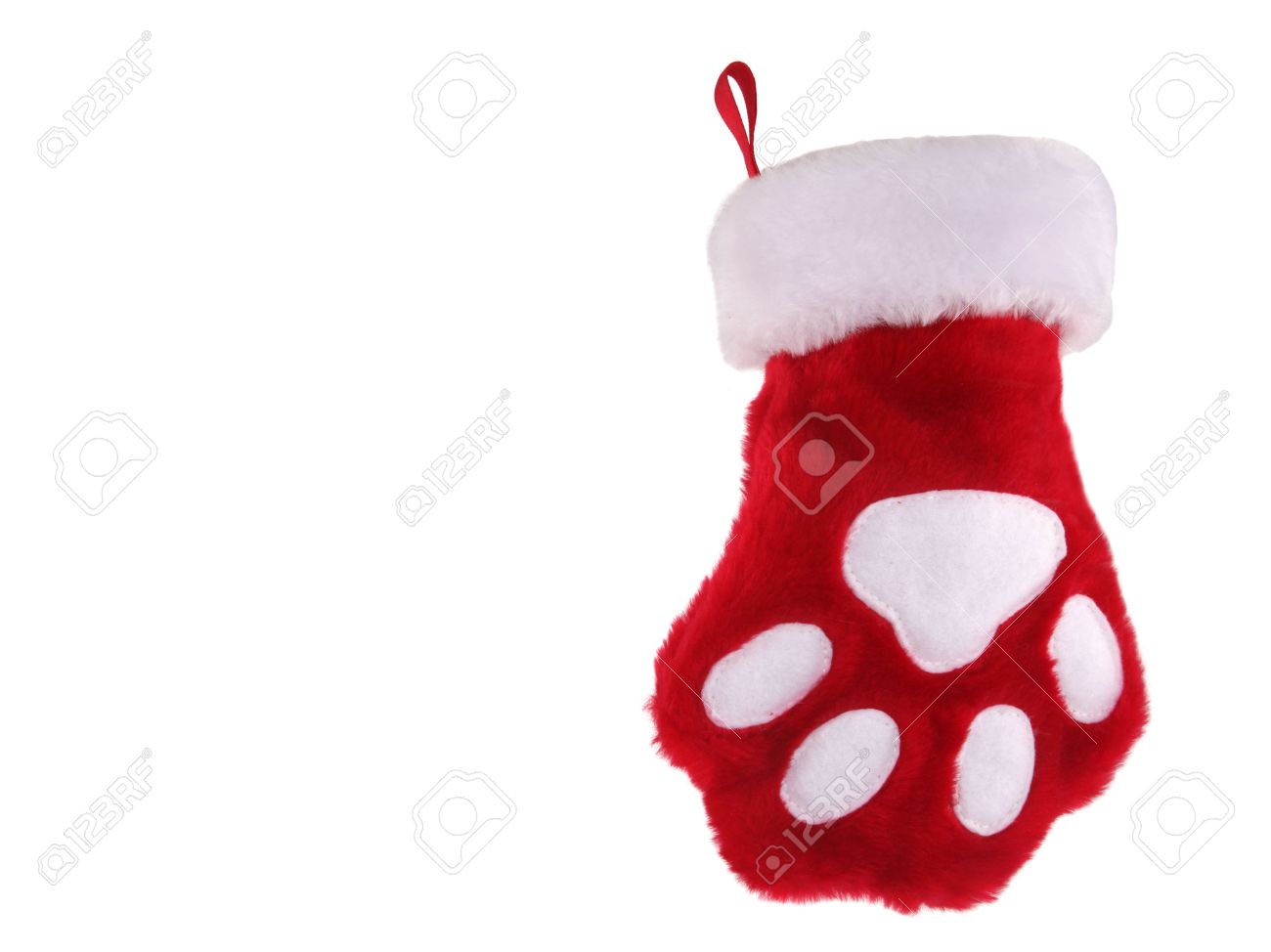 Red And White Christmas Stocking With Paw Print Isolated On White
