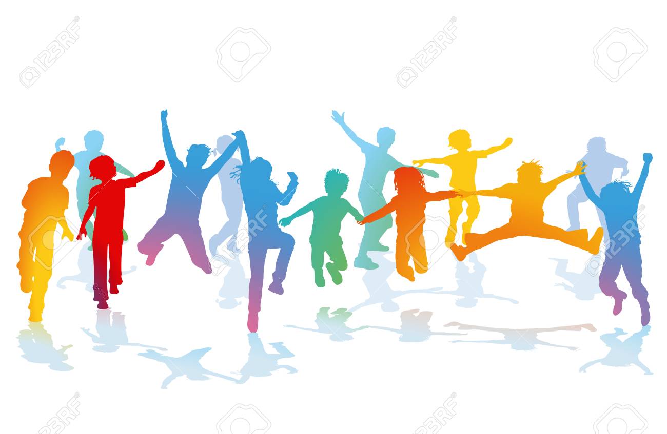 コロフルなシルエットイラストで幸せな子供たちのグループ のイラスト素材 ベクタ Image
