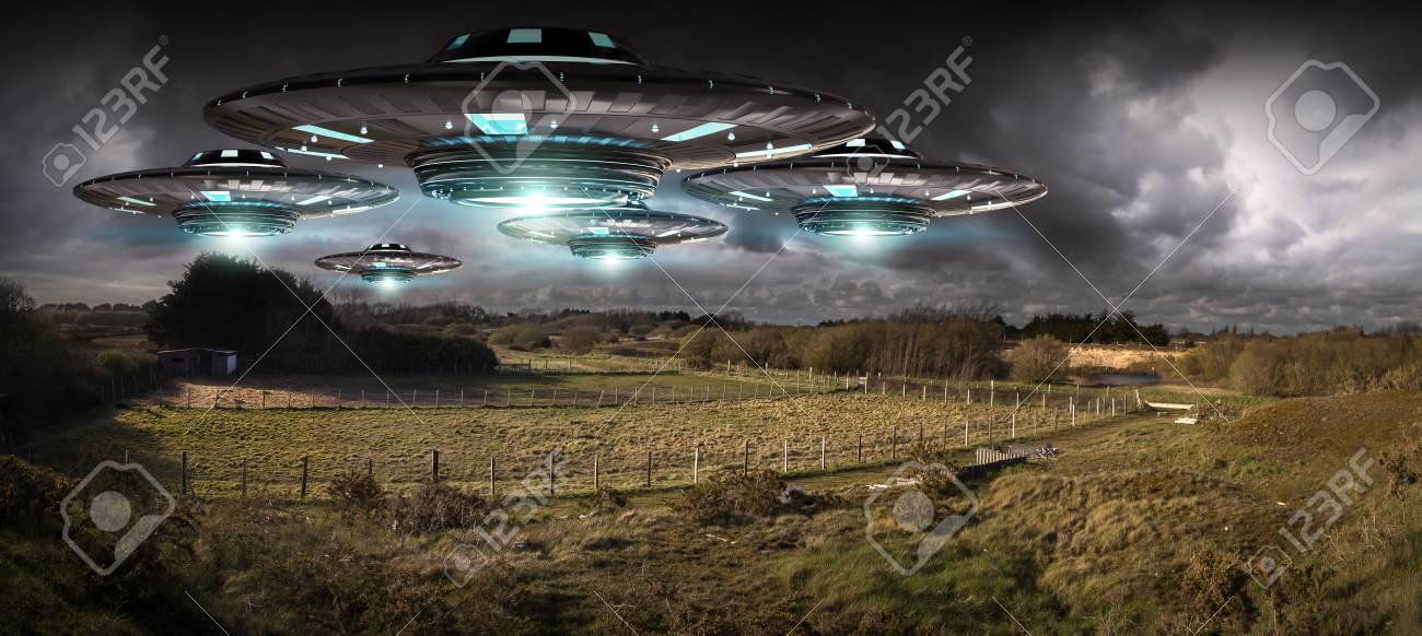 metal and silver ufo invasion on planet earth landascape 3d