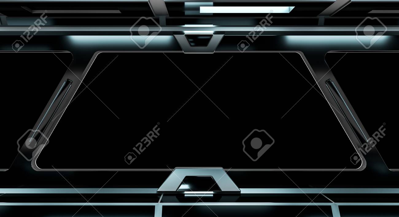 黒いウィンドウの 3 D レンダリングと黒い宇宙船の廊下 の写真素材 画像素材 Image