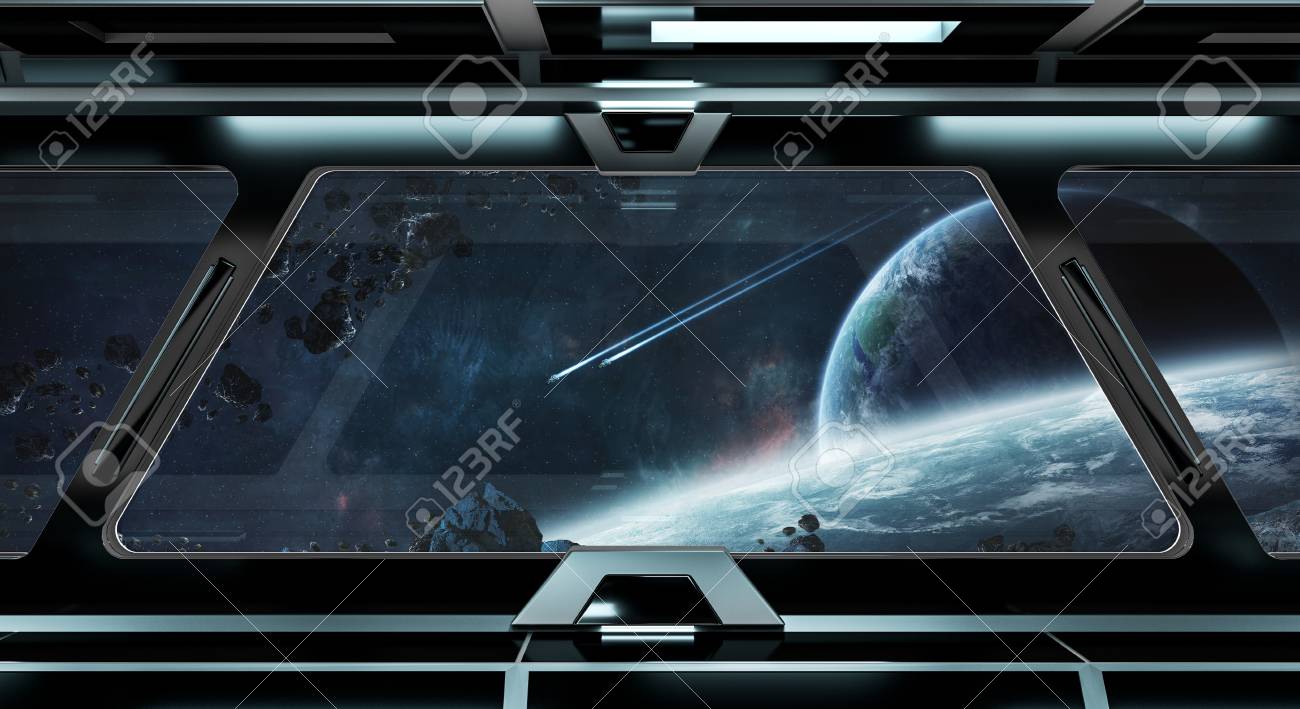 宇宙と Nasa から提供されたこのイメージの遠い惑星システム 3 D レンダリング要素を望む黒い宇宙船の廊下 の写真素材 画像素材 Image