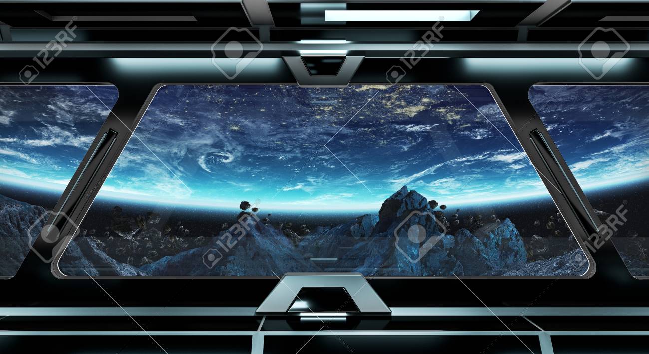 宇宙と地球の 3 D レンダリングを望む黒い宇宙船の廊下 の写真素材 画像素材 Image
