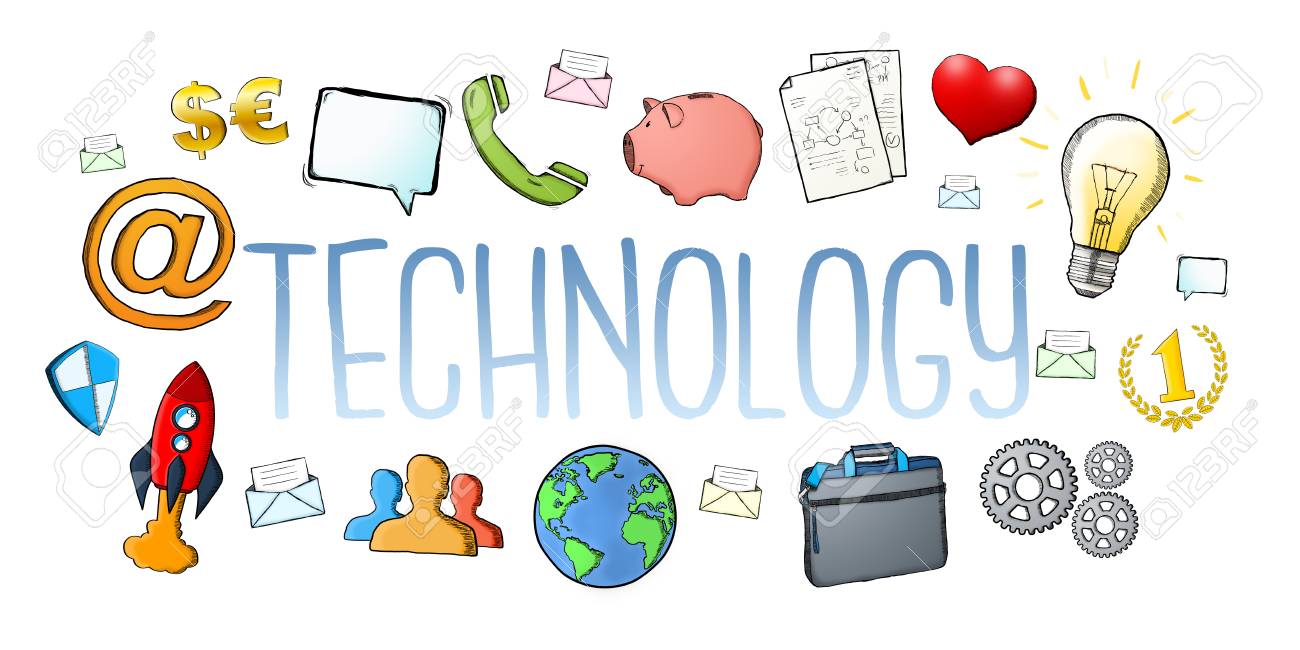 Texte Numerique De Technologie Multimedia Dessines A La Main Avec Des Icones Sur Fond Blanc Banque D Images Et Photos Libres De Droits Image