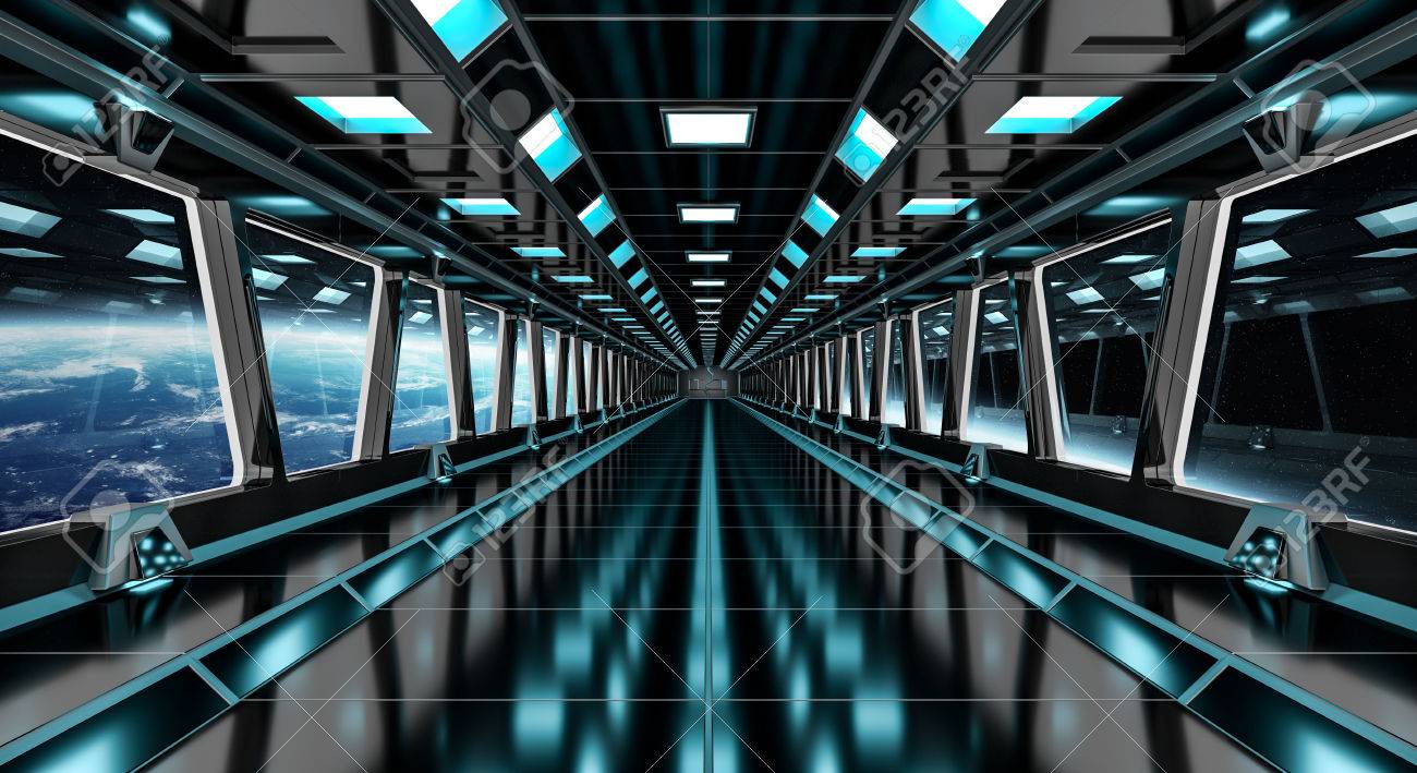 宇宙と地球の 3 D レンダリングを望む黒い宇宙船の廊下 の写真素材 画像素材 Image